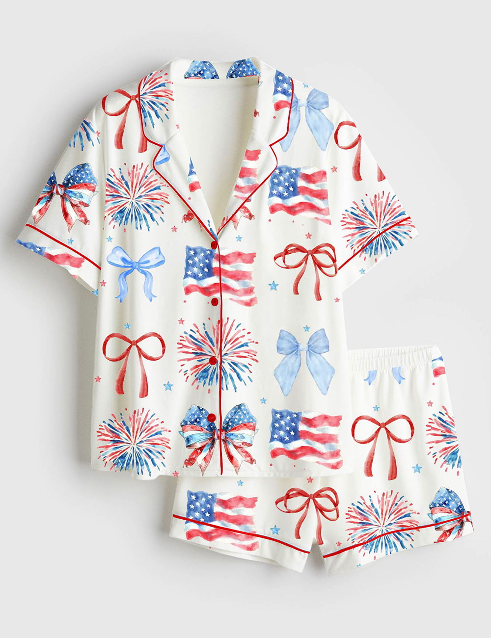 Women's USA Coquette Bow Retro America 4th Of July Print Short Sleeve Satin Pajama Set