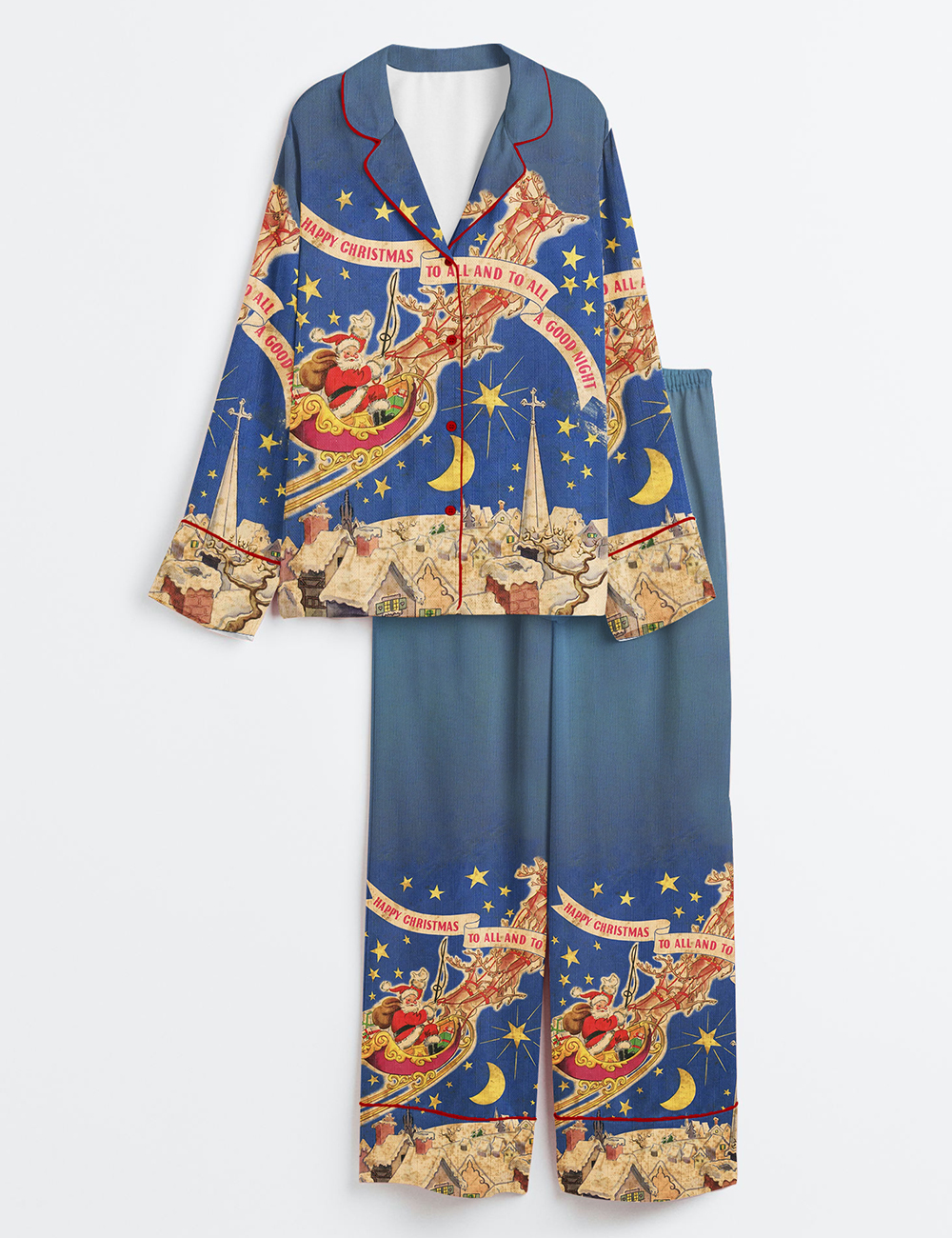 Women's Vintage 1947 Night Before Christmas Santa's Sleigh Art Long Sleeve Satin Pajama Set