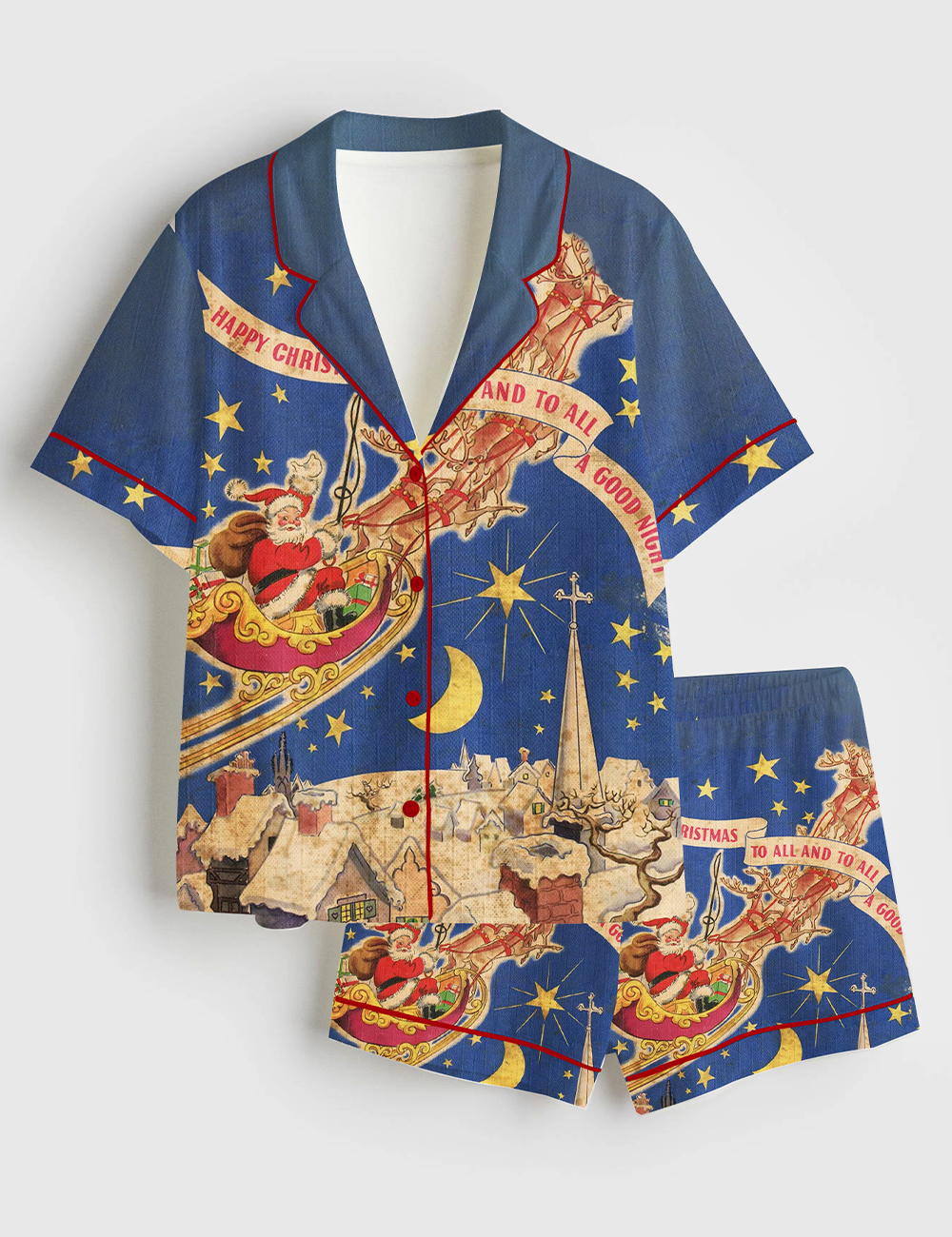Women's Vintage 1947 Night Before Christmas Santa's Sleigh Art Short Sleeve Satin Pajama Set