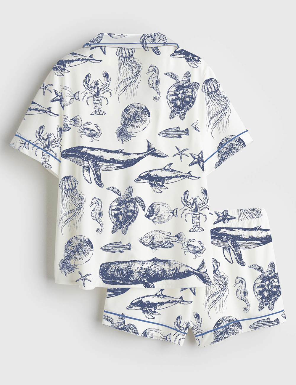 Alternative view of Women's Vintage 90s Sea Animals Fish Summer Beach Ocean Animals Sea Life Print Short Sleeve Satin Pajama Set