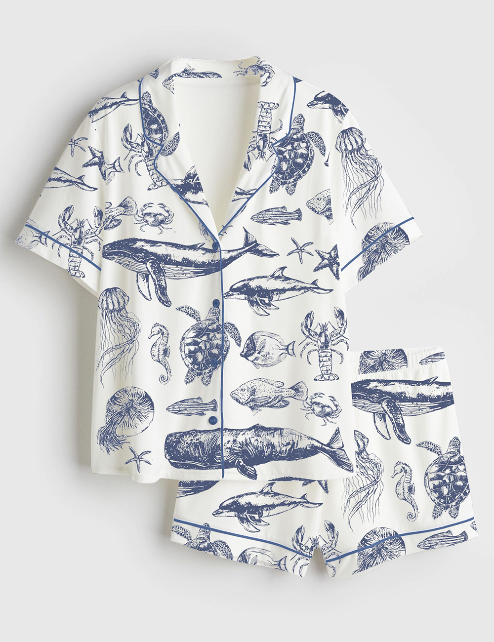 Women's Vintage 90s Sea Animals Fish Summer Beach Ocean Animals Sea Life Print Short Sleeve Satin Pajama Set