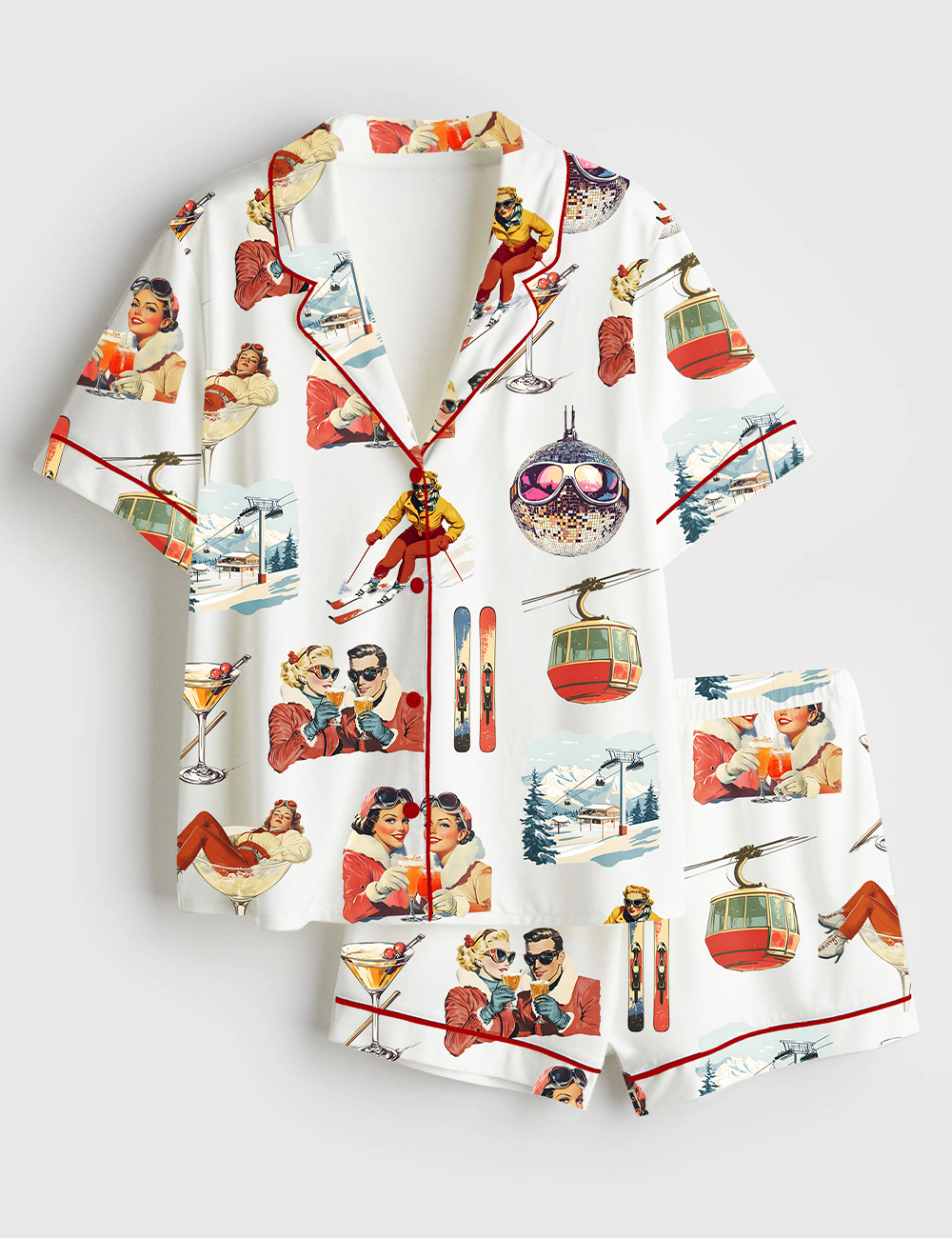 Women's Vintage AprÃ¨s Ski Christmas Short Sleeve Satin Pajama Set