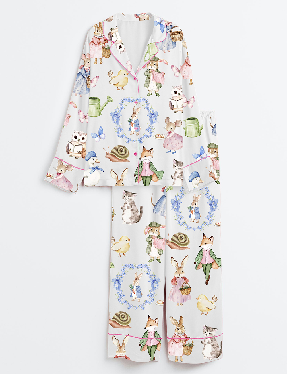Women's Vintage Bunnies Cottagecore Rabbits Cute Easter Watercolor Spring Print Long Sleeve Satin Pajama Set