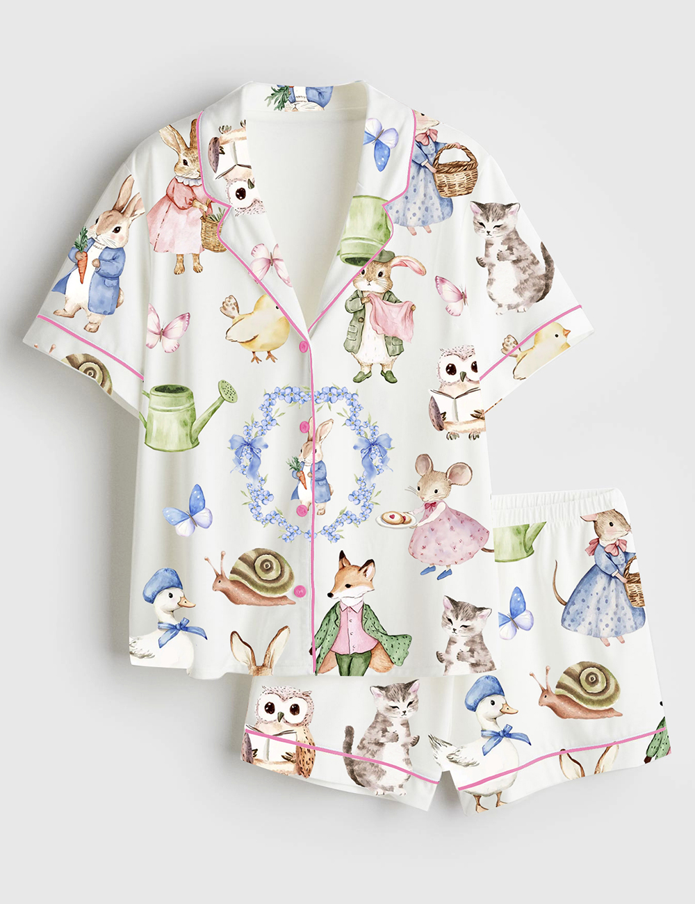 Women's Vintage Bunnies Cottagecore Rabbits Cute Easter Watercolor Spring Print Short Sleeve Satin Pajama Set