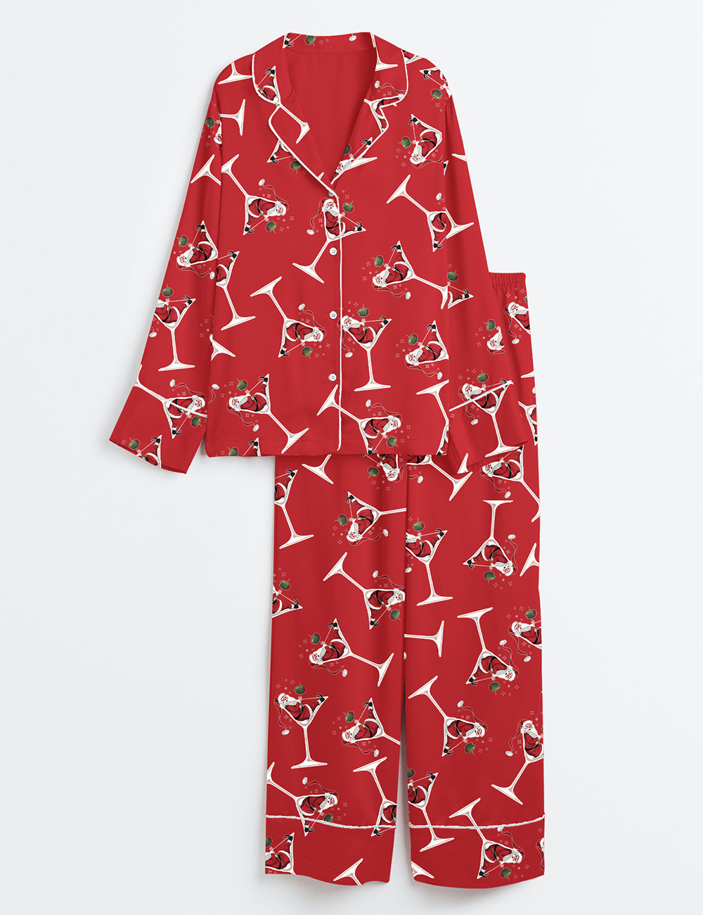 Women's Vintage Christmas Cocktail Party Long Sleeve Satin Pajama Set