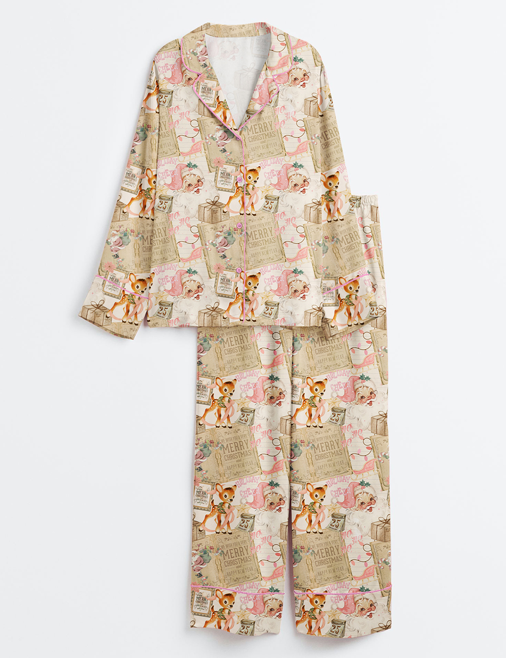 Women's Vintage Christmas Collage Long Sleeve Satin Pajama Set