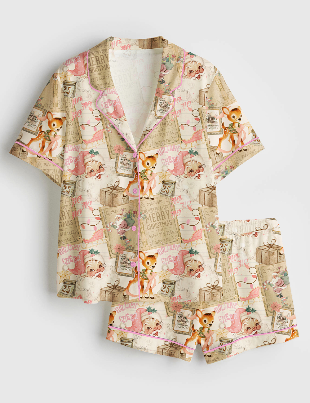 Women's Vintage Christmas Collage Short Sleeve Satin Pajama Set