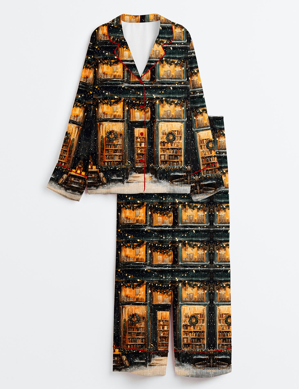 Women's Vintage Christmas Cozy Bookstore Front With Wreaths And Snowy Street Long Sleeve Satin Pajama Set