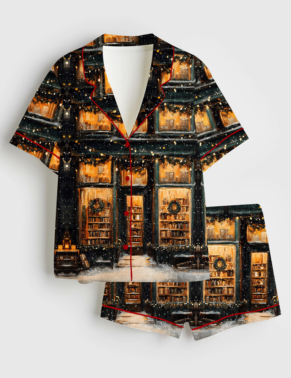 Women's Vintage Christmas Cozy Bookstore Front With Wreaths And Snowy Street Short Sleeve Satin Pajama Set