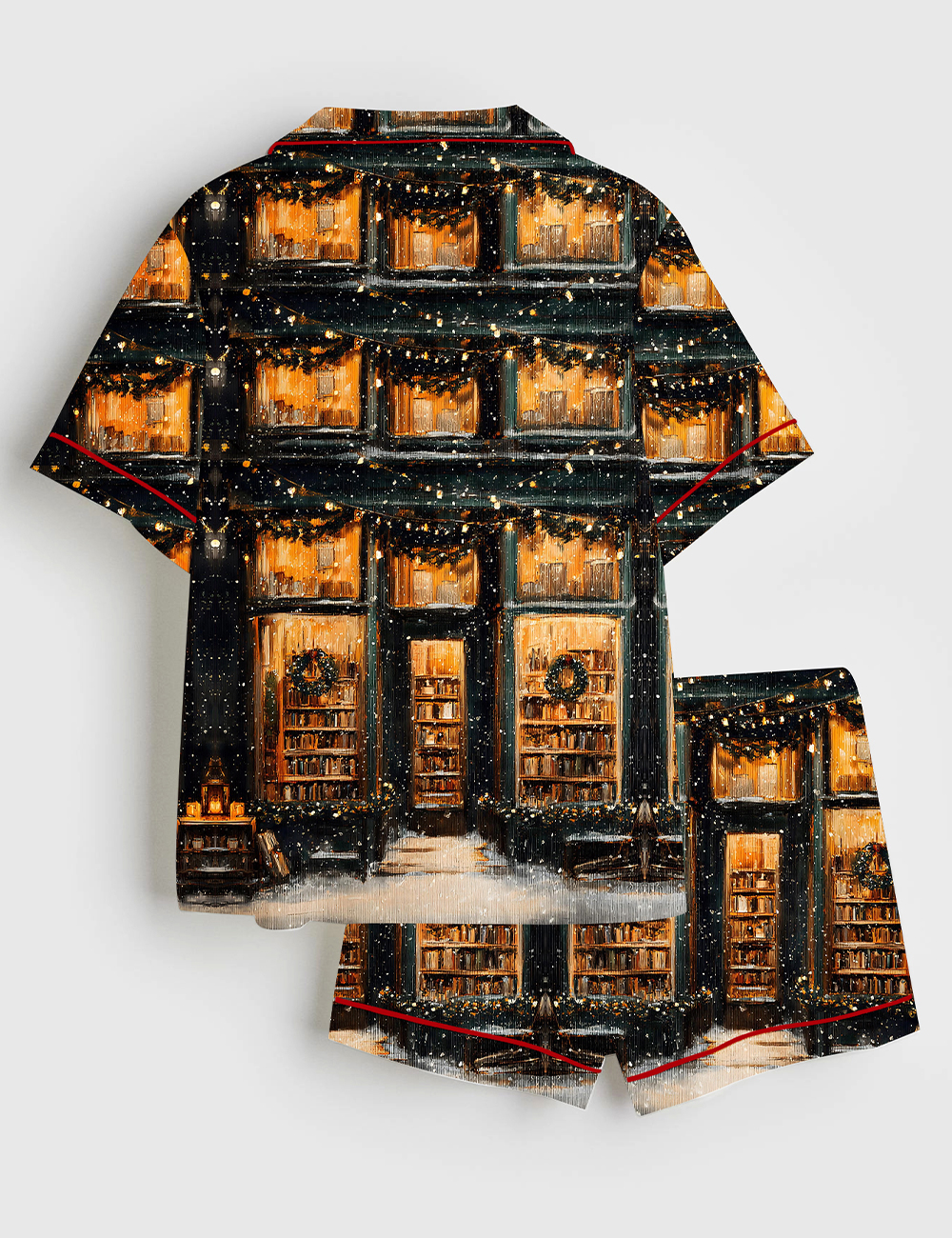 Alternative view of Women's Vintage Christmas Cozy Bookstore Front With Wreaths And Snowy Street Short Sleeve Satin Pajama Set