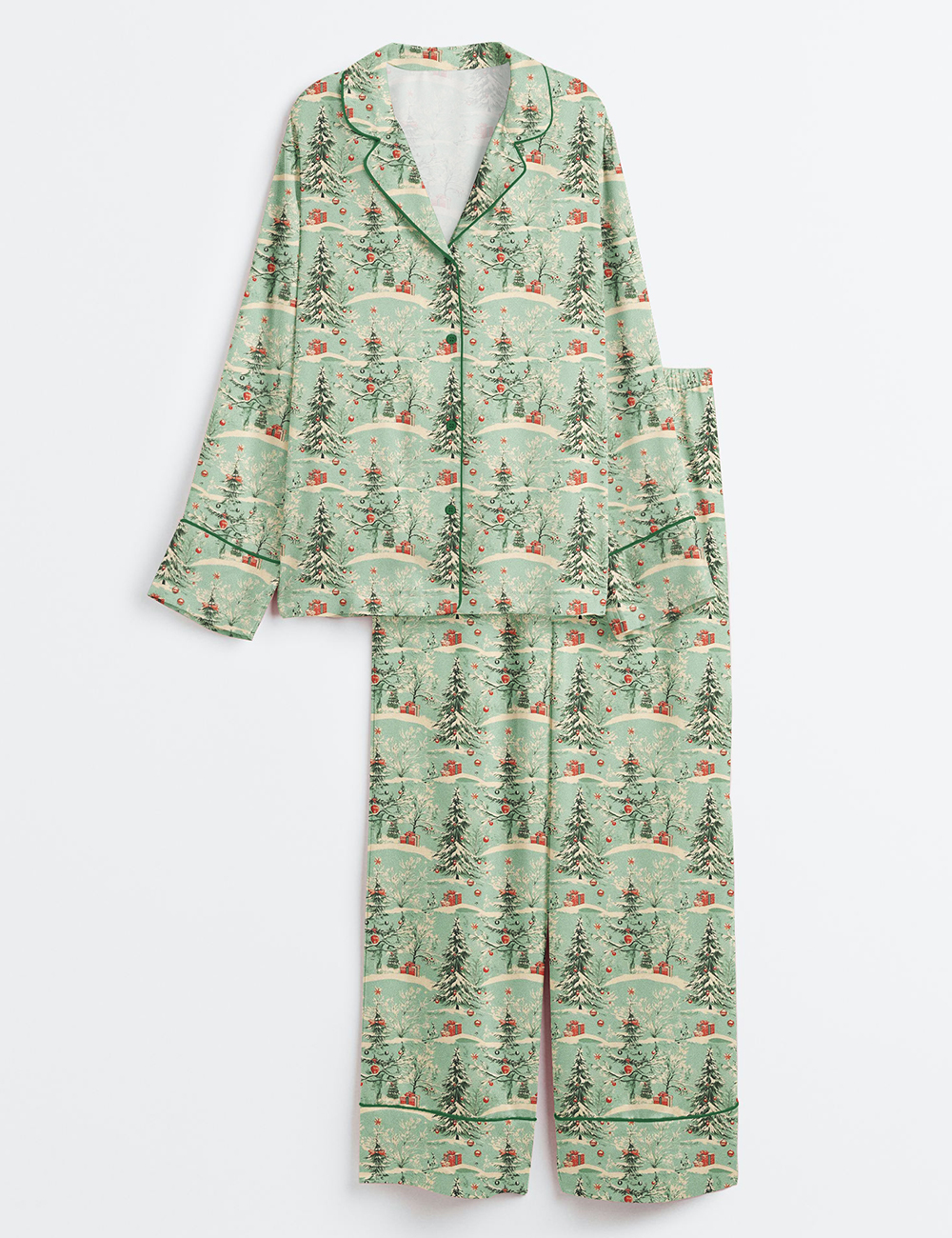 Women's Vintage Christmas Holiday Green Snow Antique Long Sleeve Satin Pajama Set