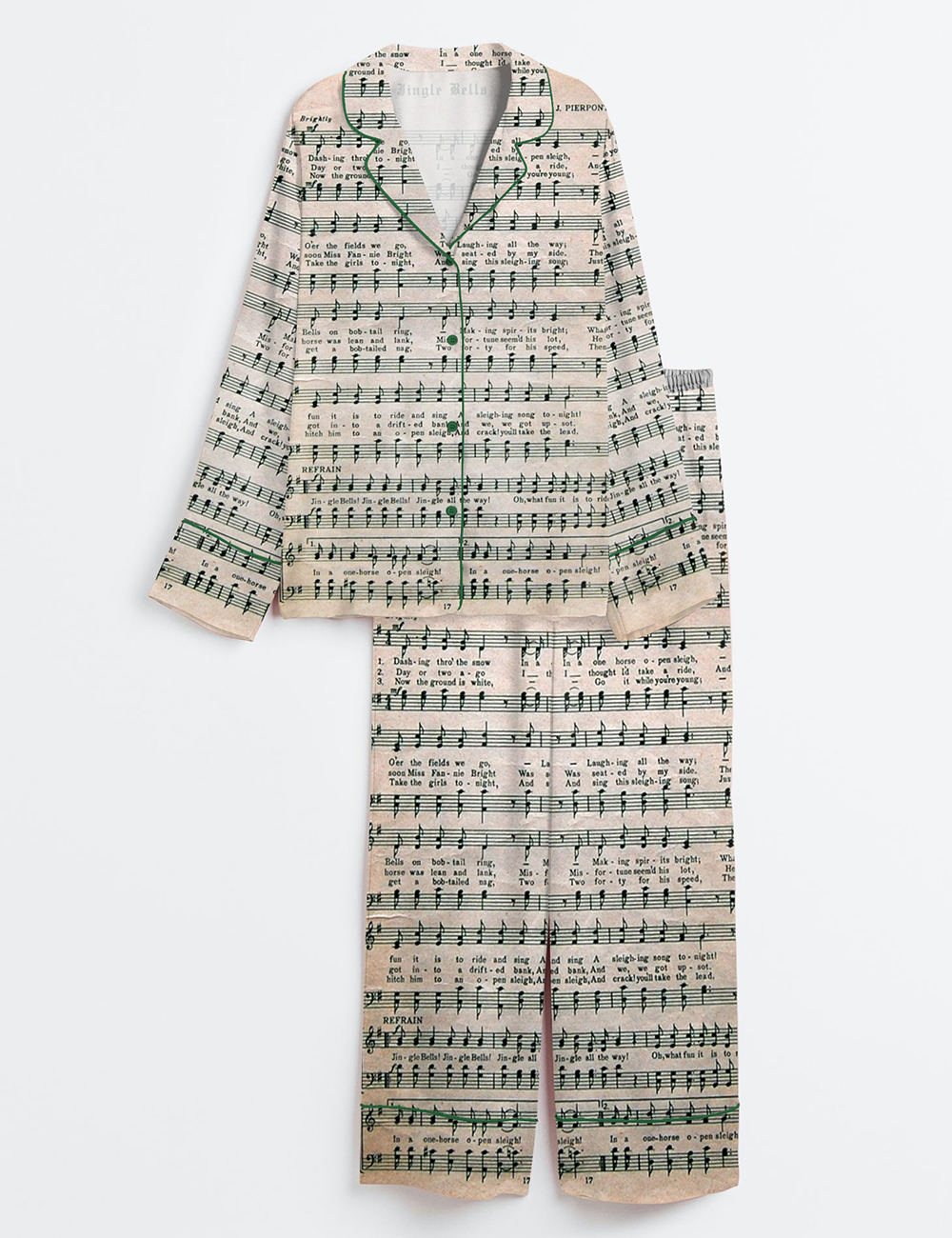 Women's Vintage Christmas Holiday Sheet Music Long Sleeve Satin Pajama Set