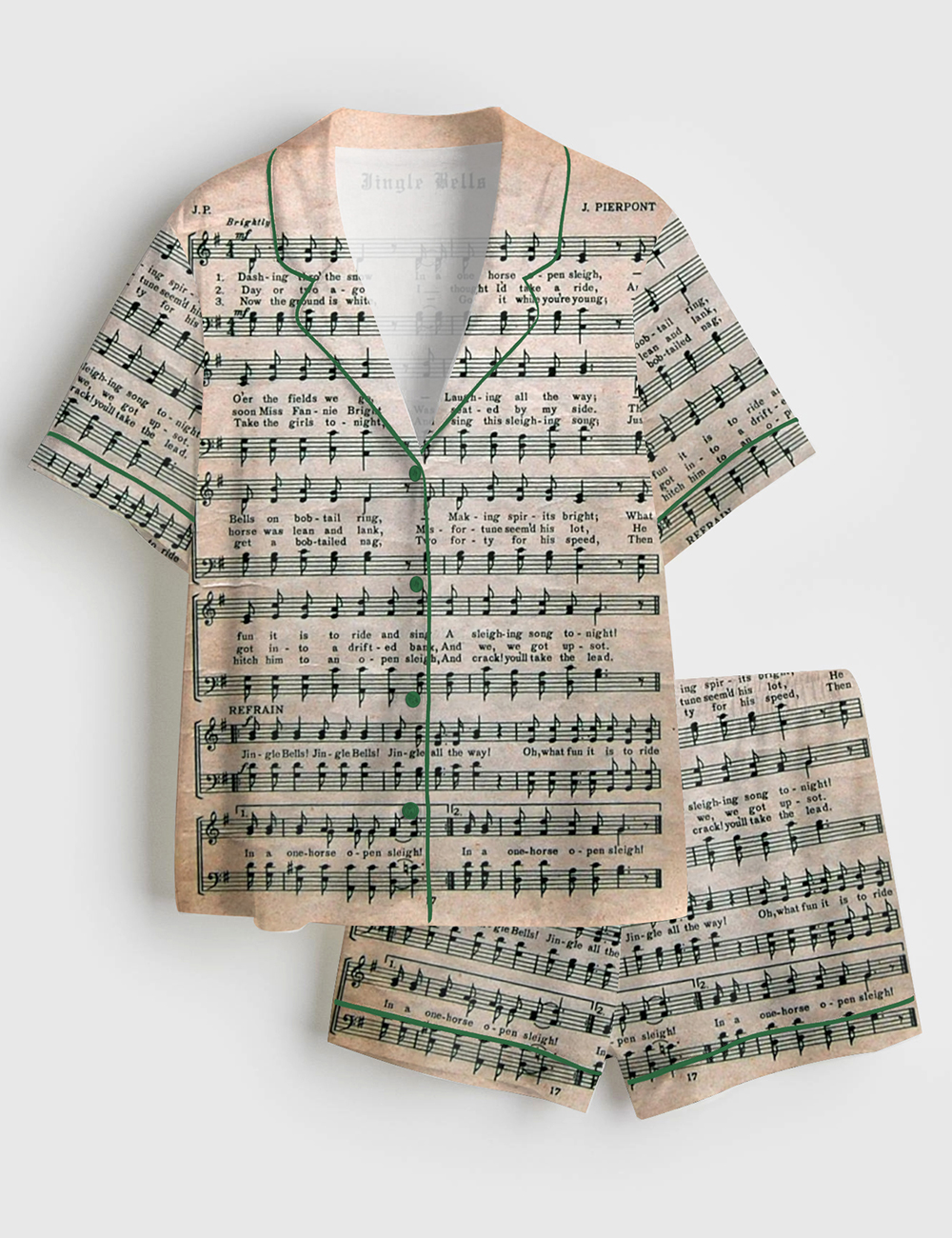 Women's Vintage Christmas Holiday Sheet Music Short Sleeve Satin Pajama Set