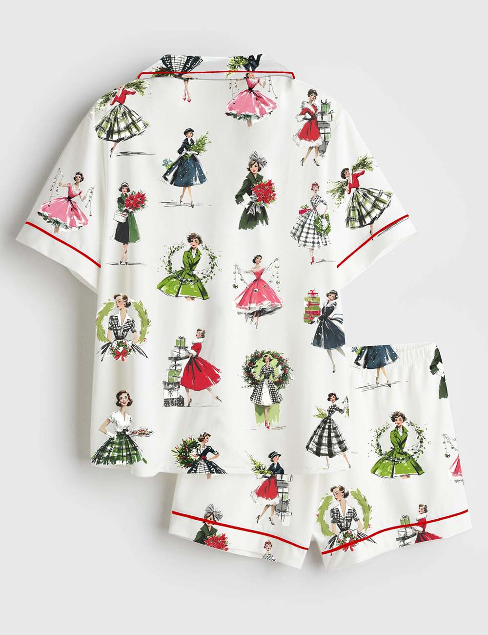 Alternative view of Women's Vintage Christmas Lady Retro Holiday Fashion Short Sleeve Satin Pajama Set