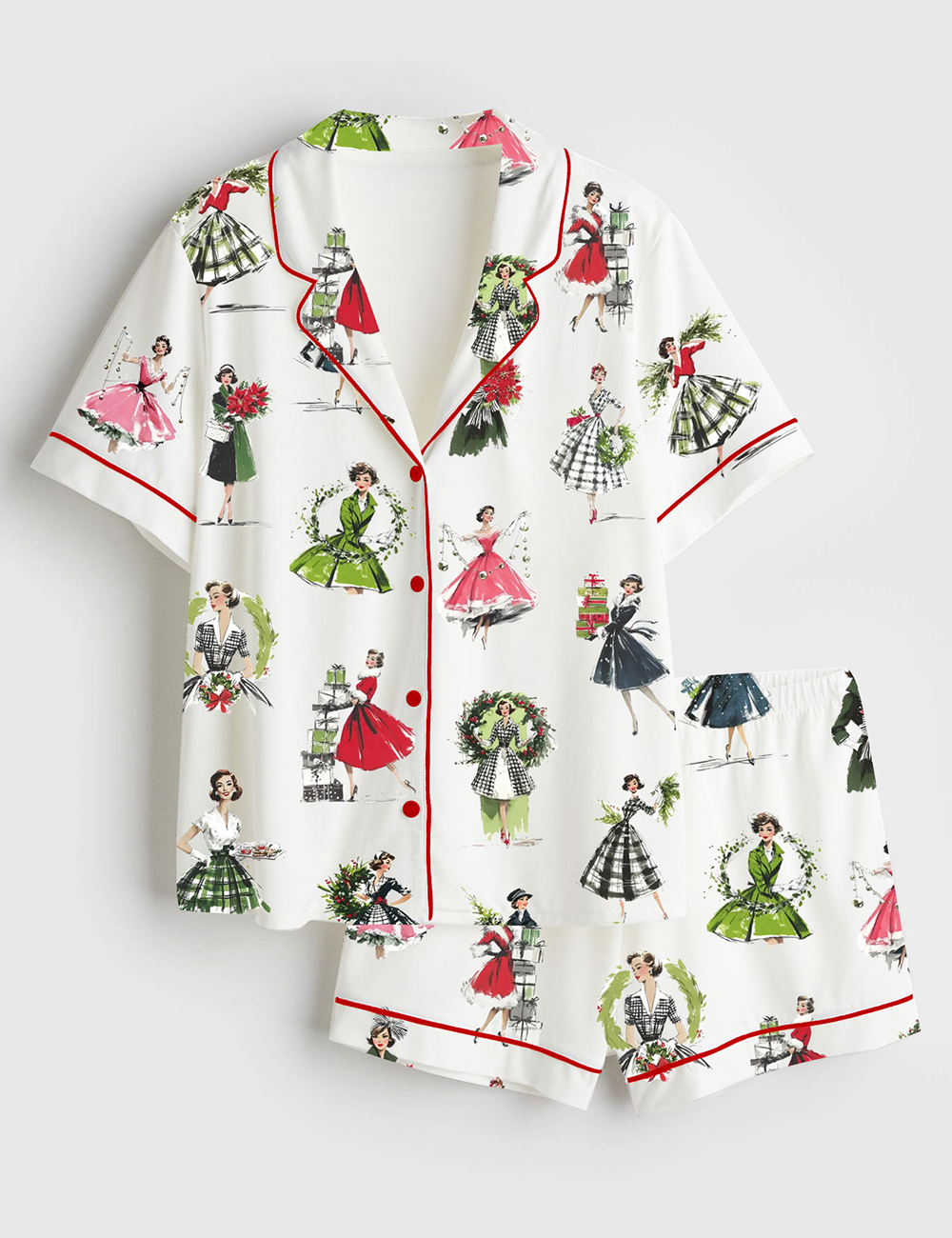 Women's Vintage Christmas Lady Retro Holiday Fashion Short Sleeve Satin Pajama Set