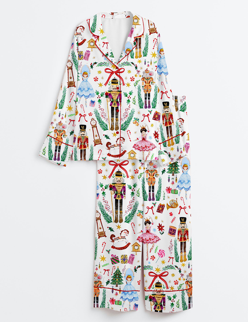 Women's Vintage Christmas Nutcracker Ballet Holiday Party Long Sleeve Satin Pajama Set