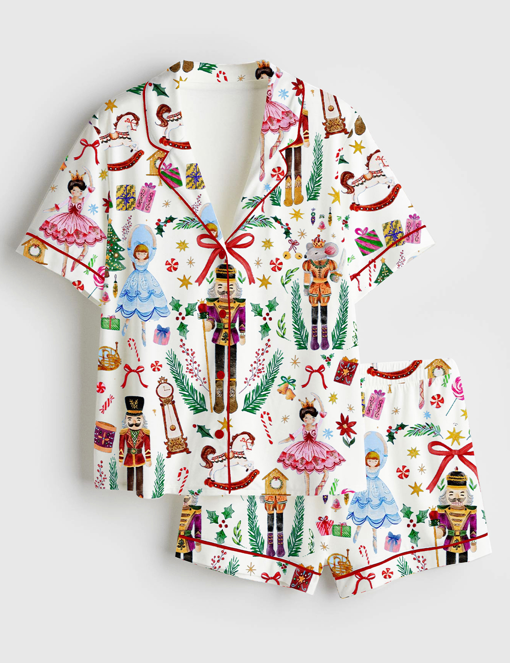 Women's Vintage Christmas Nutcracker Ballet Holiday Party Short Sleeve Satin Pajama Set