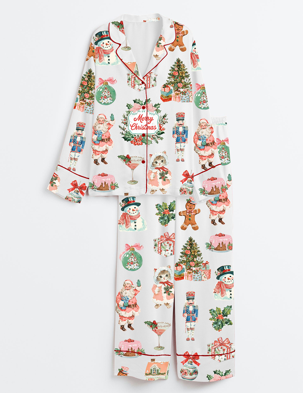 Women's Vintage Christmas Santa Classic Watercolor Holiday Party Long Sleeve Satin Pajama Set