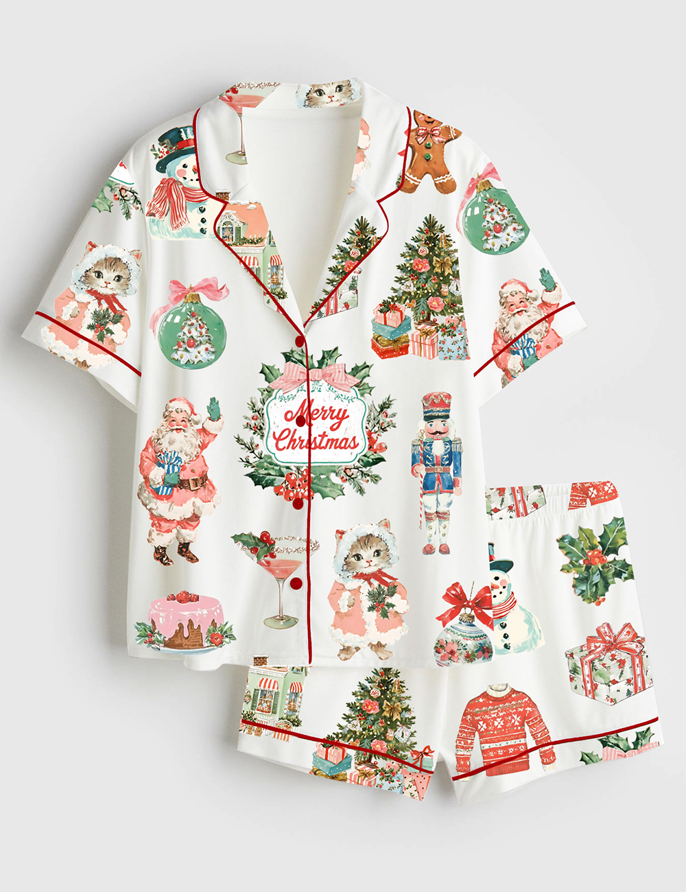 Women's Vintage Christmas Santa Classic Watercolor Holiday Party Short Sleeve Satin Pajama Set