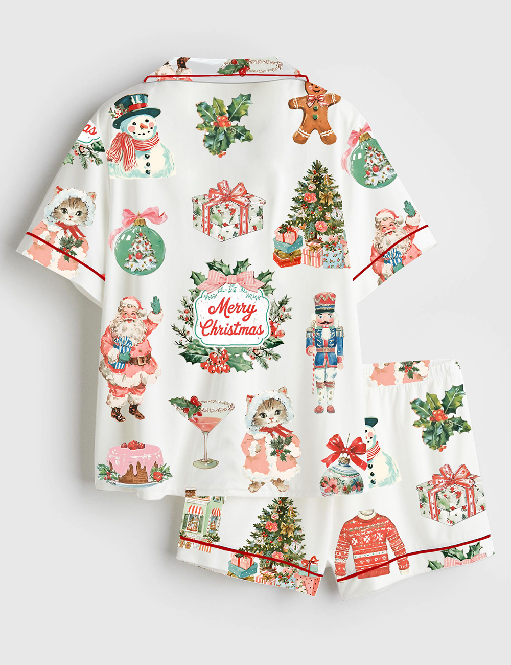 Alternative view of Women's Vintage Christmas Santa Classic Watercolor Holiday Party Short Sleeve Satin Pajama Set