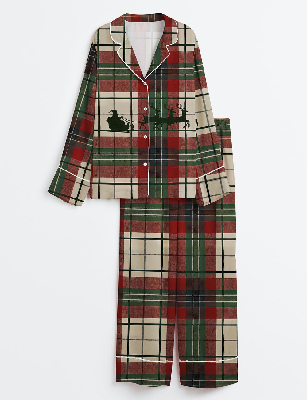 Women's Vintage Christmas Santa Claus Reindeer Plaid Long Sleeve Satin Pajama Set