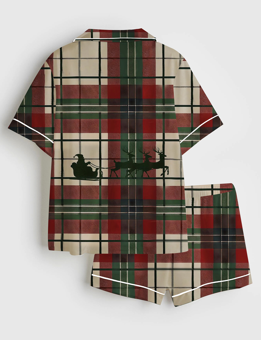 Alternative view of Women's Vintage Christmas Santa Claus Reindeer Plaid Short Sleeve Satin Pajama Set