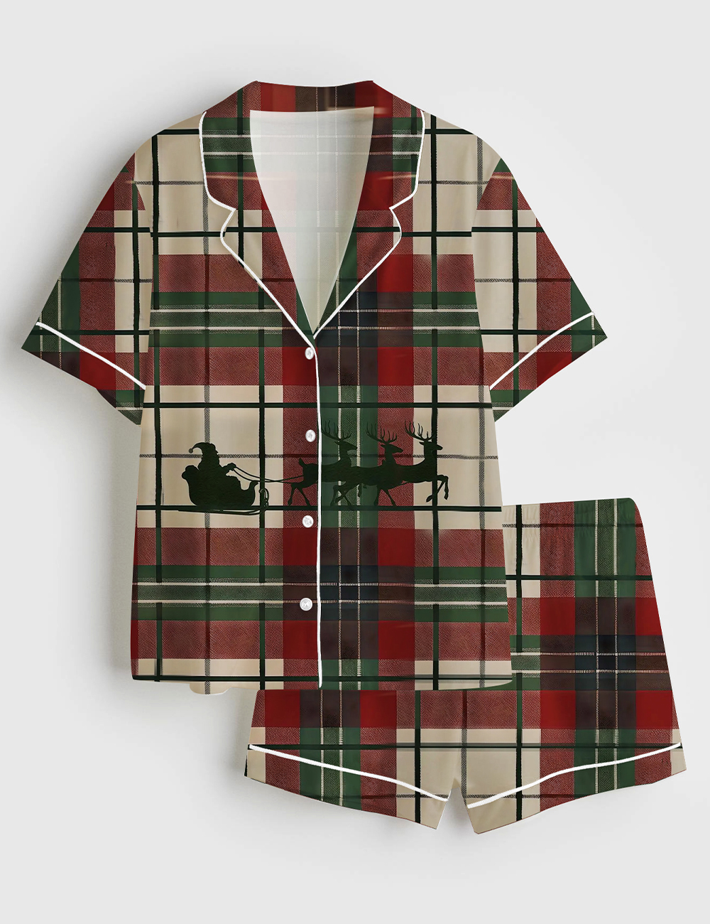 Women's Vintage Christmas Santa Claus Reindeer Plaid Short Sleeve Satin Pajama Set