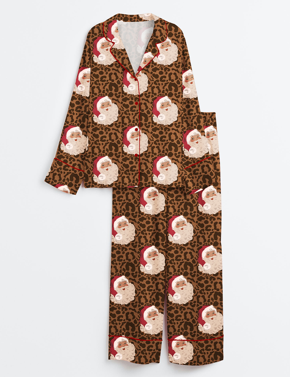 Women's Vintage Christmas Santa Leopard Long Sleeve Satin Pajama Set