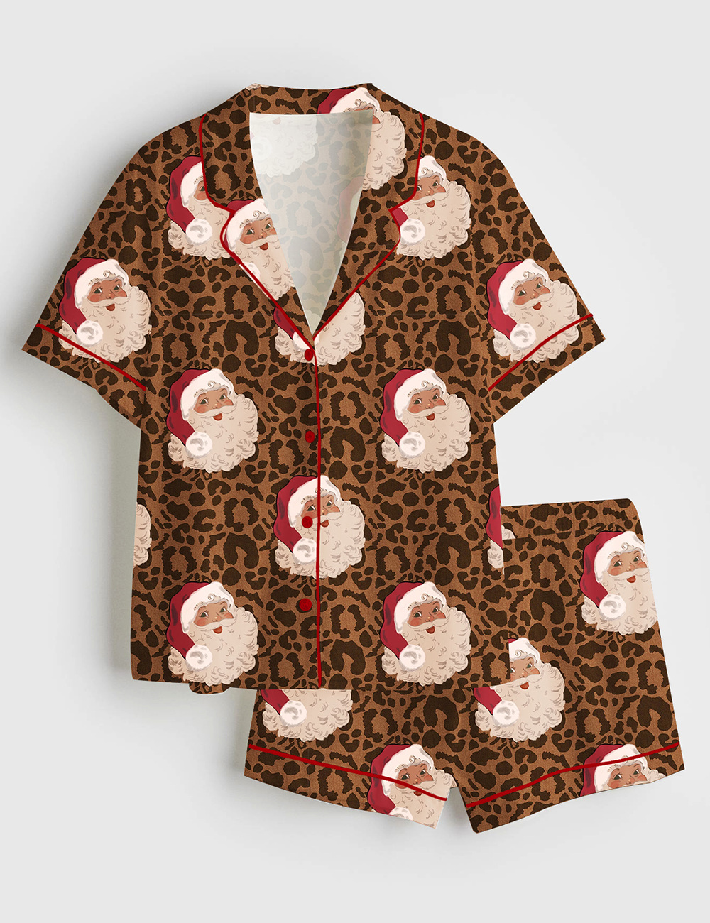 Women's Vintage Christmas Santa Leopard Short Sleeve Satin Pajama Set