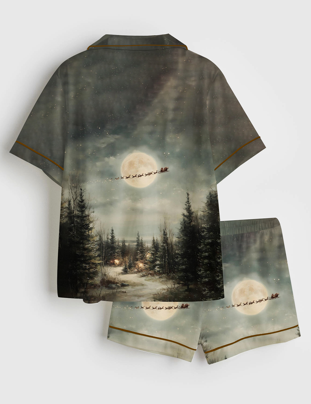 Alternative view of Women's Vintage Christmas Santa Sleigh Flying Across The Moon Short Sleeve Satin Pajama Set