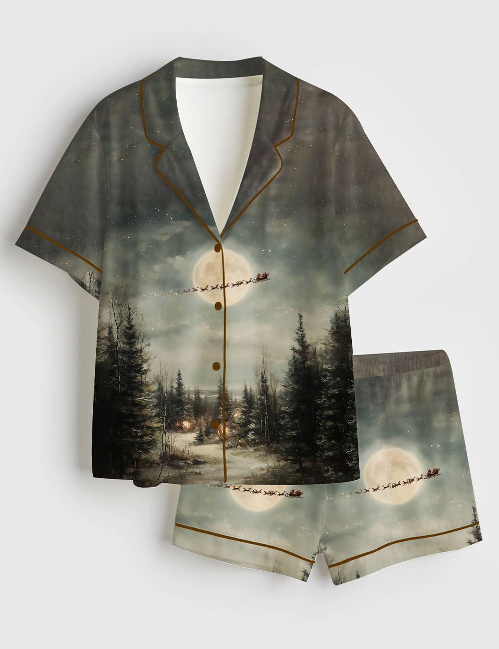 Women's Vintage Christmas Santa Sleigh Flying Across The Moon Short Sleeve Satin Pajama Set