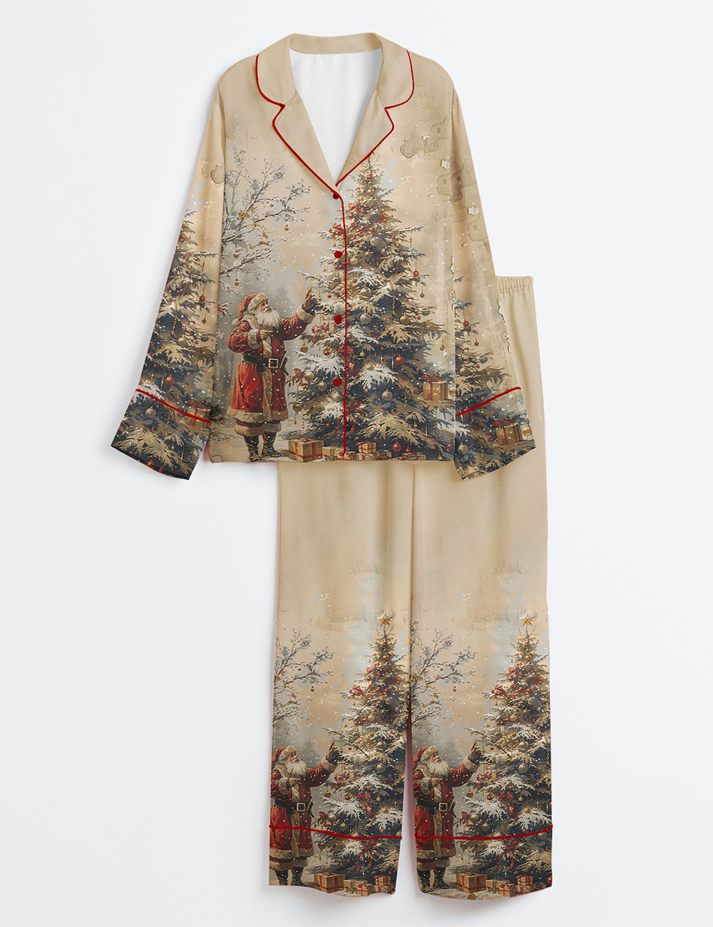 Women's Vintage Christmas Santa & Tree Winter Forest Holiday Long Sleeve Satin Pajama Set