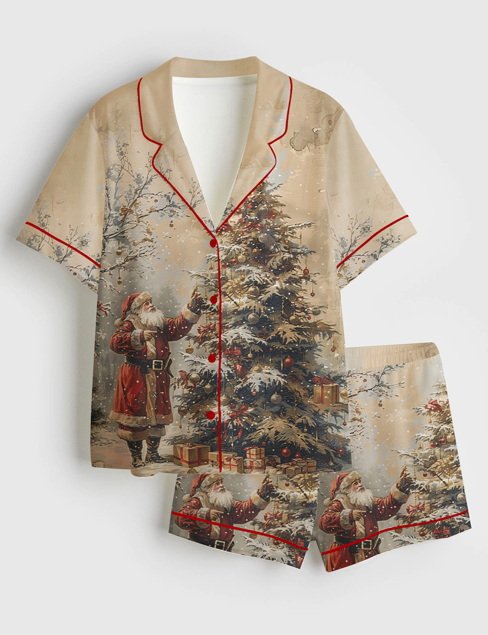 Women's Vintage Christmas Santa & Tree Winter Forest Holiday Short Sleeve Satin Pajama Set