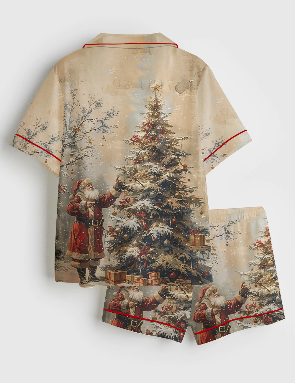 Alternative view of Women's Vintage Christmas Santa & Tree Winter Forest Holiday Short Sleeve Satin Pajama Set