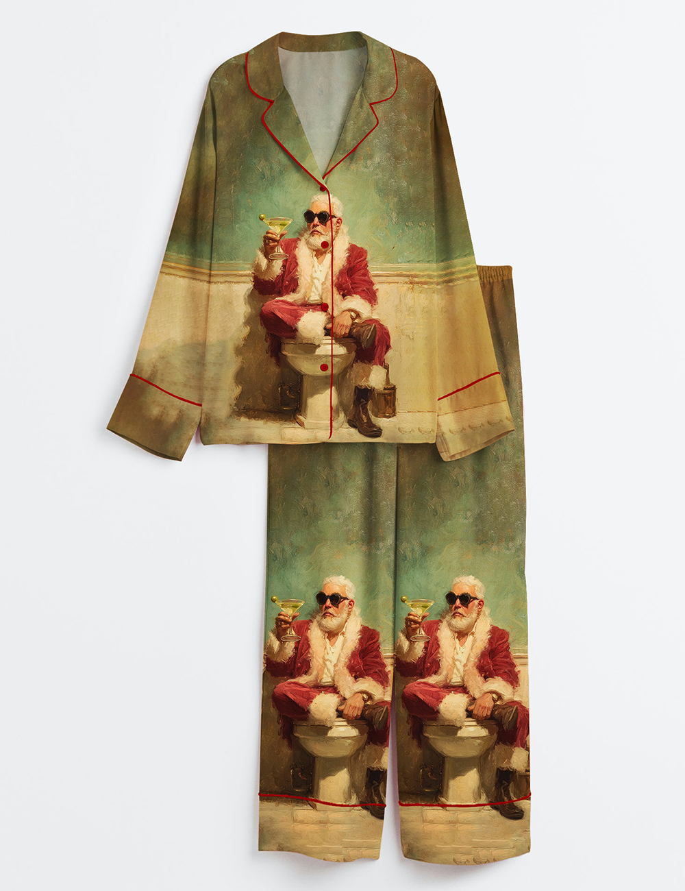 Women's Vintage Christmas Santa With Martini Funny Bathroom Art Long Sleeve Satin Pajama Set