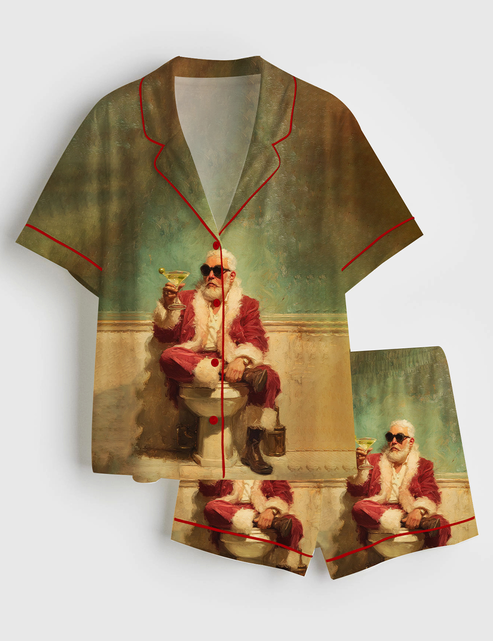 Women's Vintage Christmas Santa With Martini Funny Bathroom Art Short Sleeve Satin Pajama Set