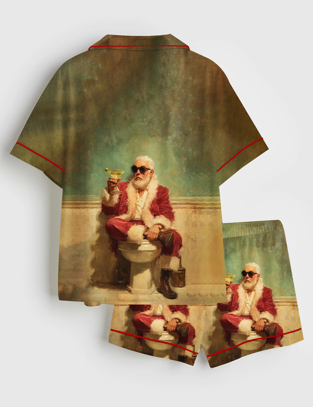 Alternative view of Women's Vintage Christmas Santa With Martini Funny Bathroom Art Short Sleeve Satin Pajama Set