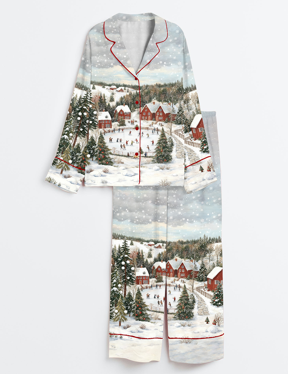 Women's Vintage Christmas Town Snowy Winter Holiday Print Ski Lover Long Sleeve Satin Pajama Set