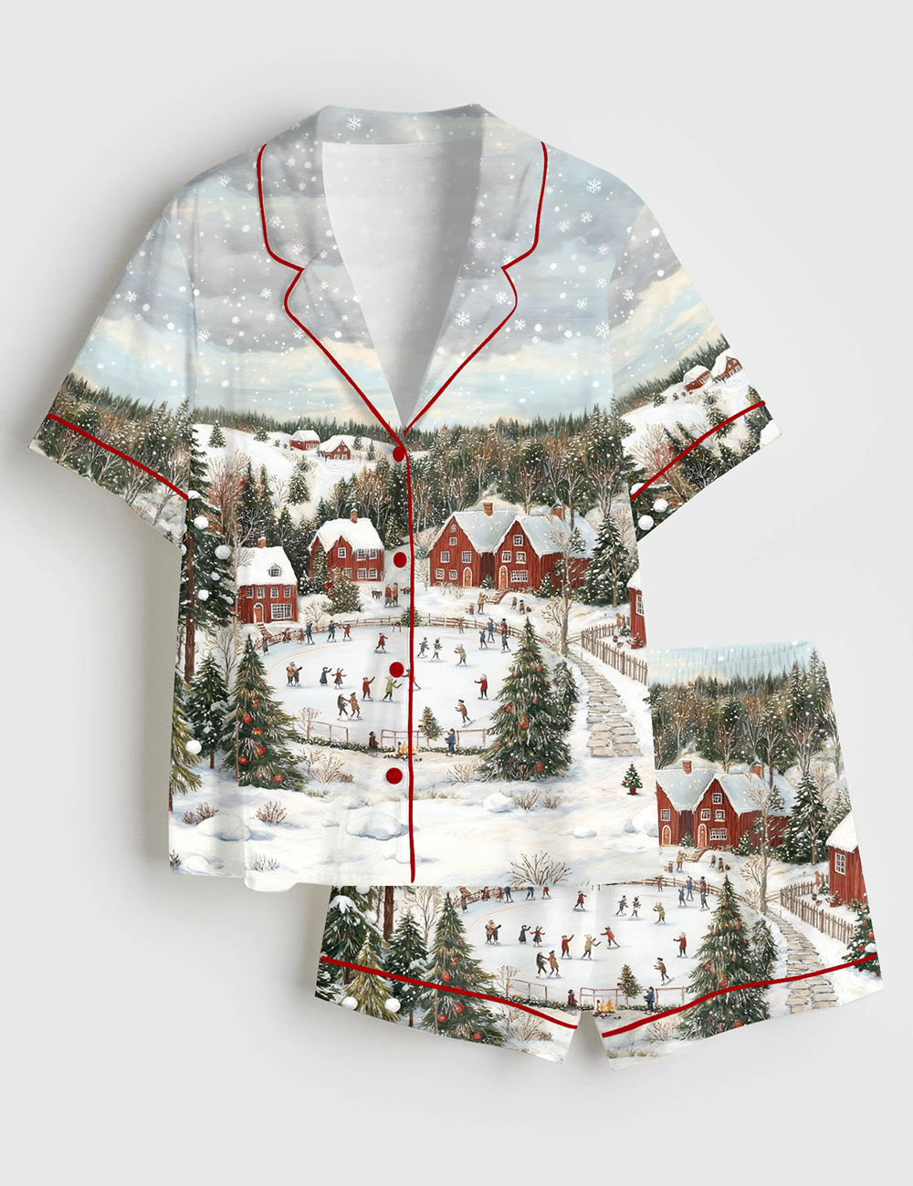 Women's Vintage Christmas Town Snowy Winter Holiday Print Ski Lover Short Sleeve Satin Pajama Set
