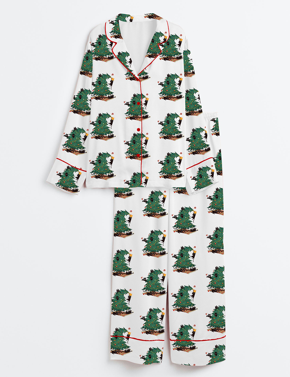 Women's Vintage Christmas Tree And Cat Cute Cat Lover Long Sleeve Satin Pajama Set