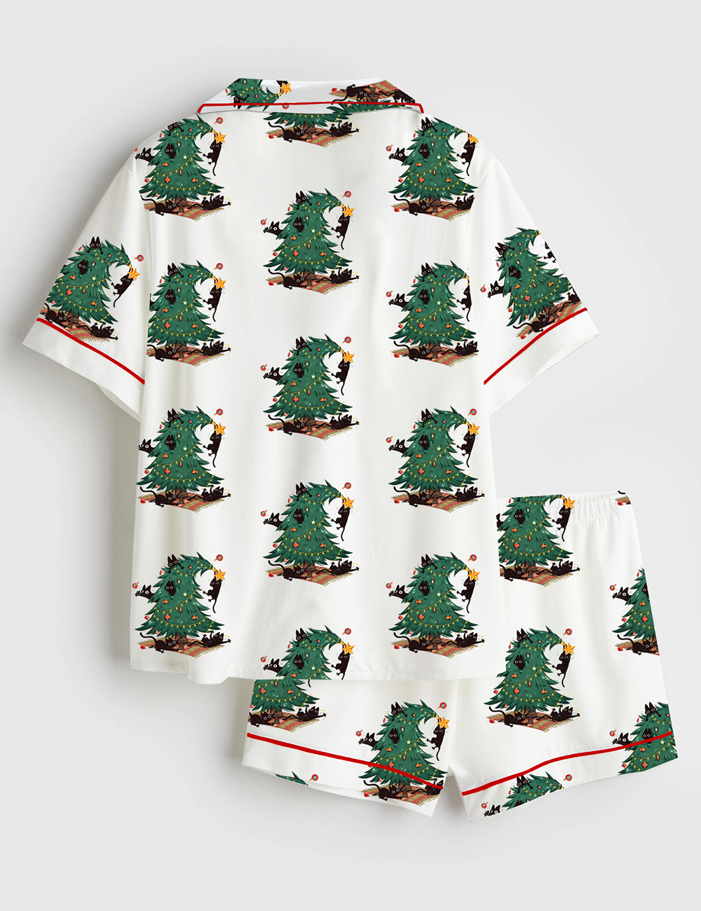 Alternative view of Women's Vintage Christmas Tree And Cat Cute Cat Lover Short Sleeve Satin Pajama Set