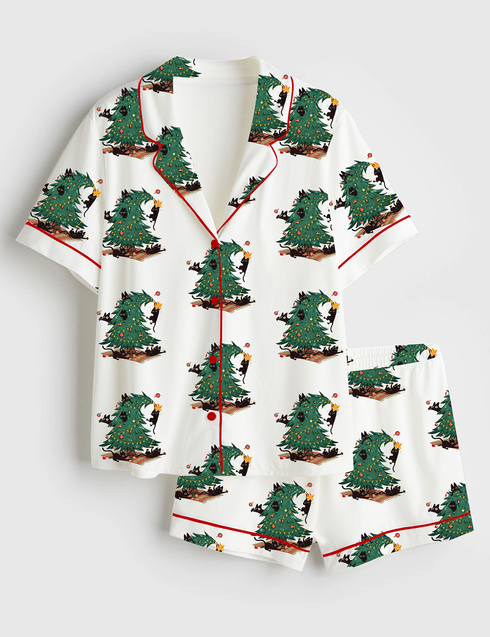 Women's Vintage Christmas Tree And Cat Cute Cat Lover Short Sleeve Satin Pajama Set