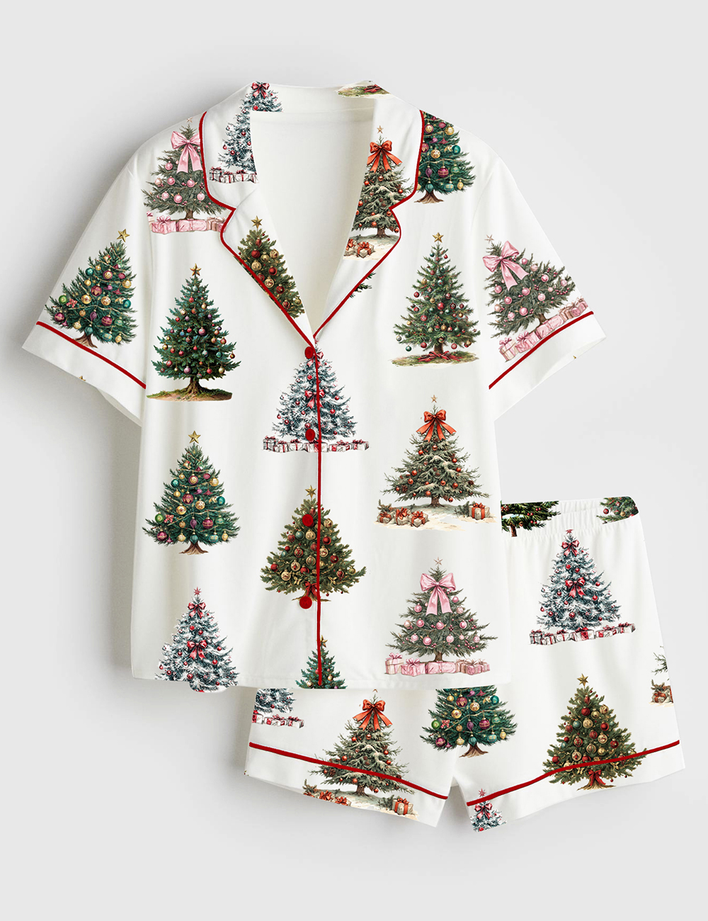 Women's Vintage Christmas Tree Holiday Retro Xmas Short Sleeve Satin Pajama Set