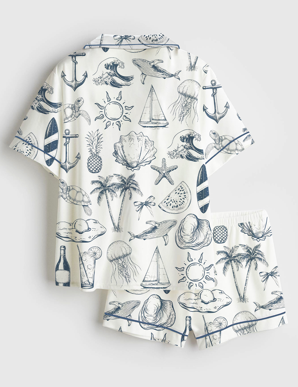 Alternative view of Women's Vintage Coastal Nautical Hand Drawn Sea Life Retro Summer Beach Print Short Sleeve Satin Pajama Set