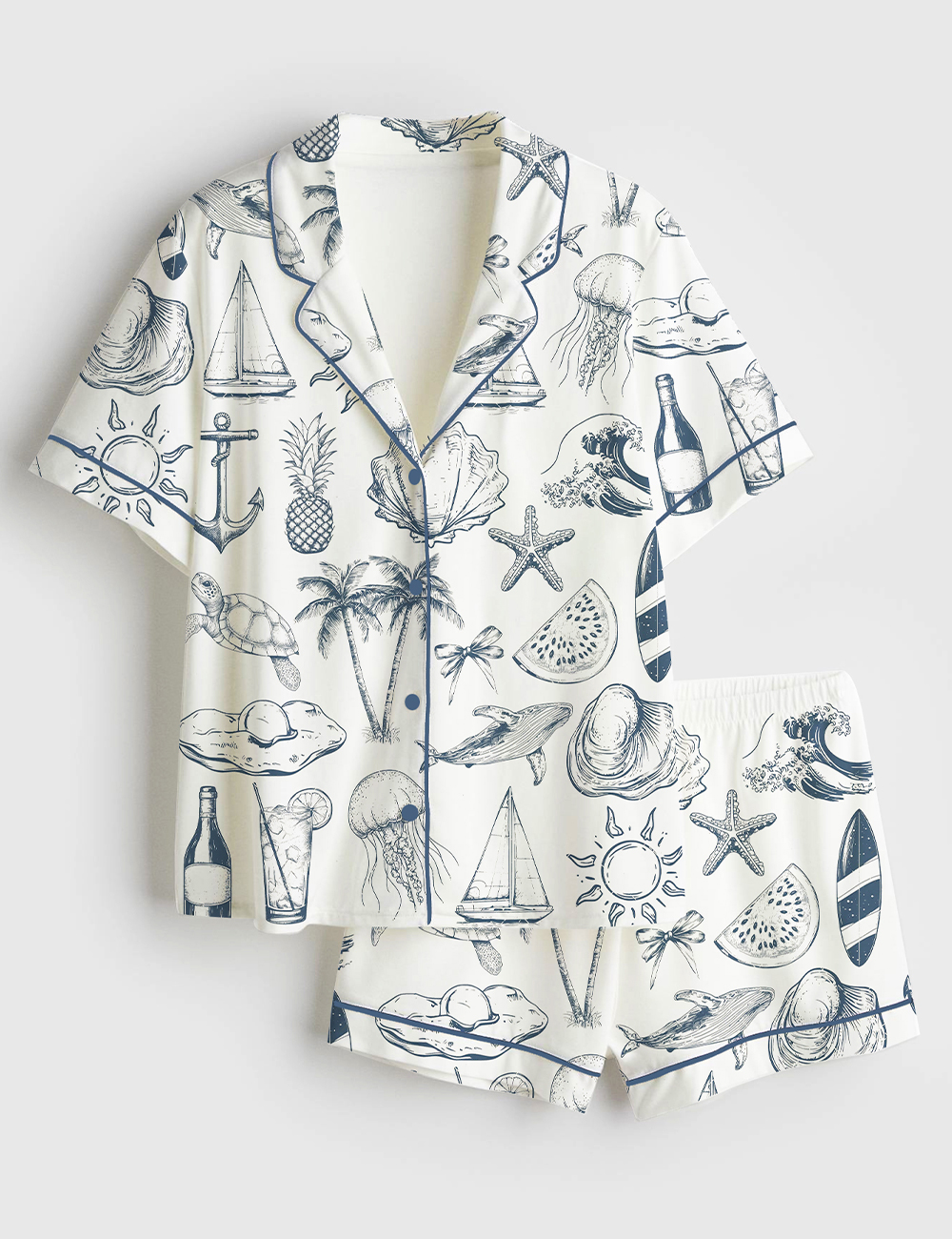 Women's Vintage Coastal Nautical Hand Drawn Sea Life Retro Summer Beach Print Short Sleeve Satin Pajama Set