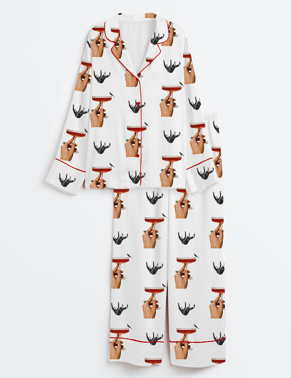 Women's Vintage Cocktail Surrealism Print Long Sleeve Satin Pajama Set