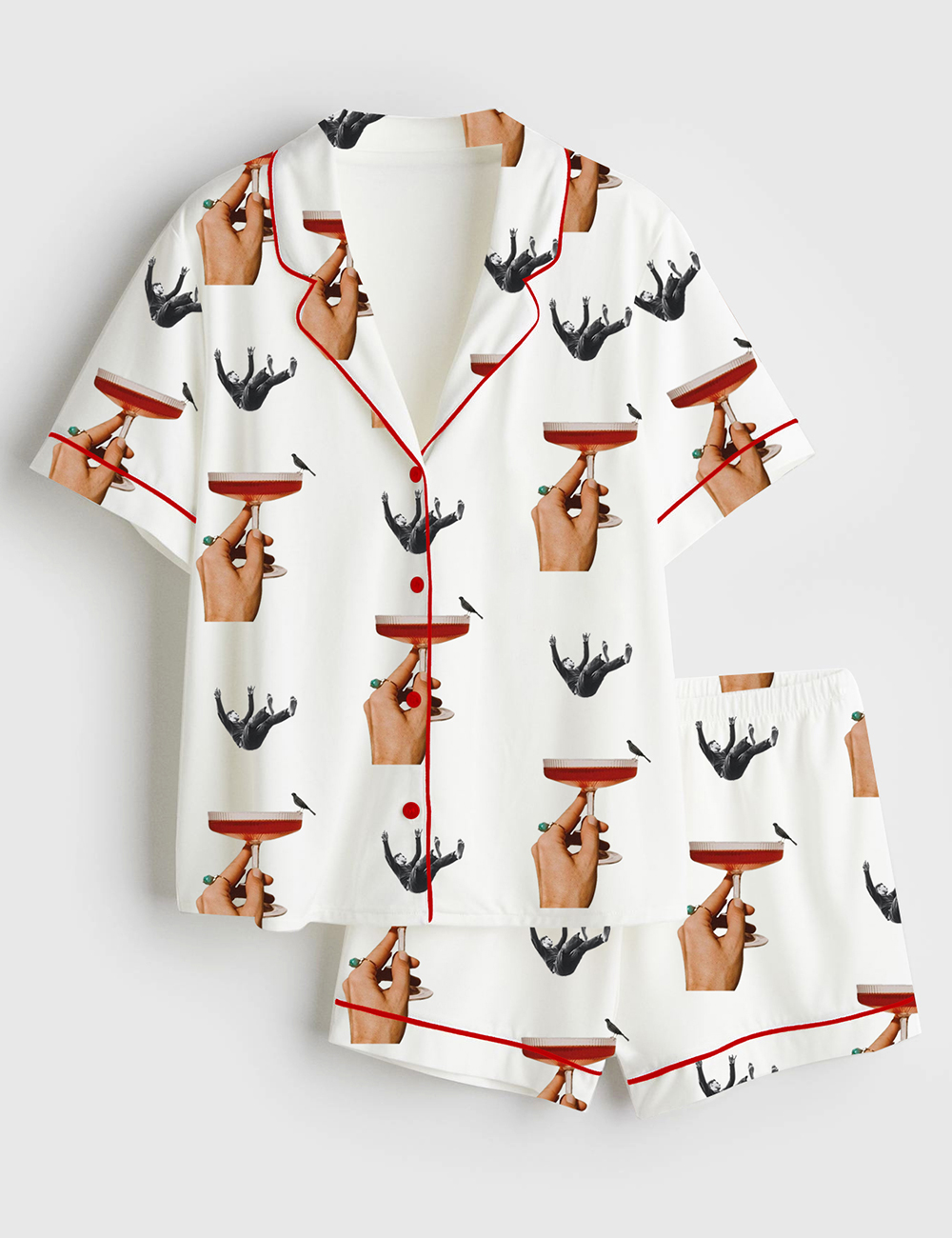 Women's Vintage Cocktail Surrealism Print Short Sleeve Satin Pajama Set