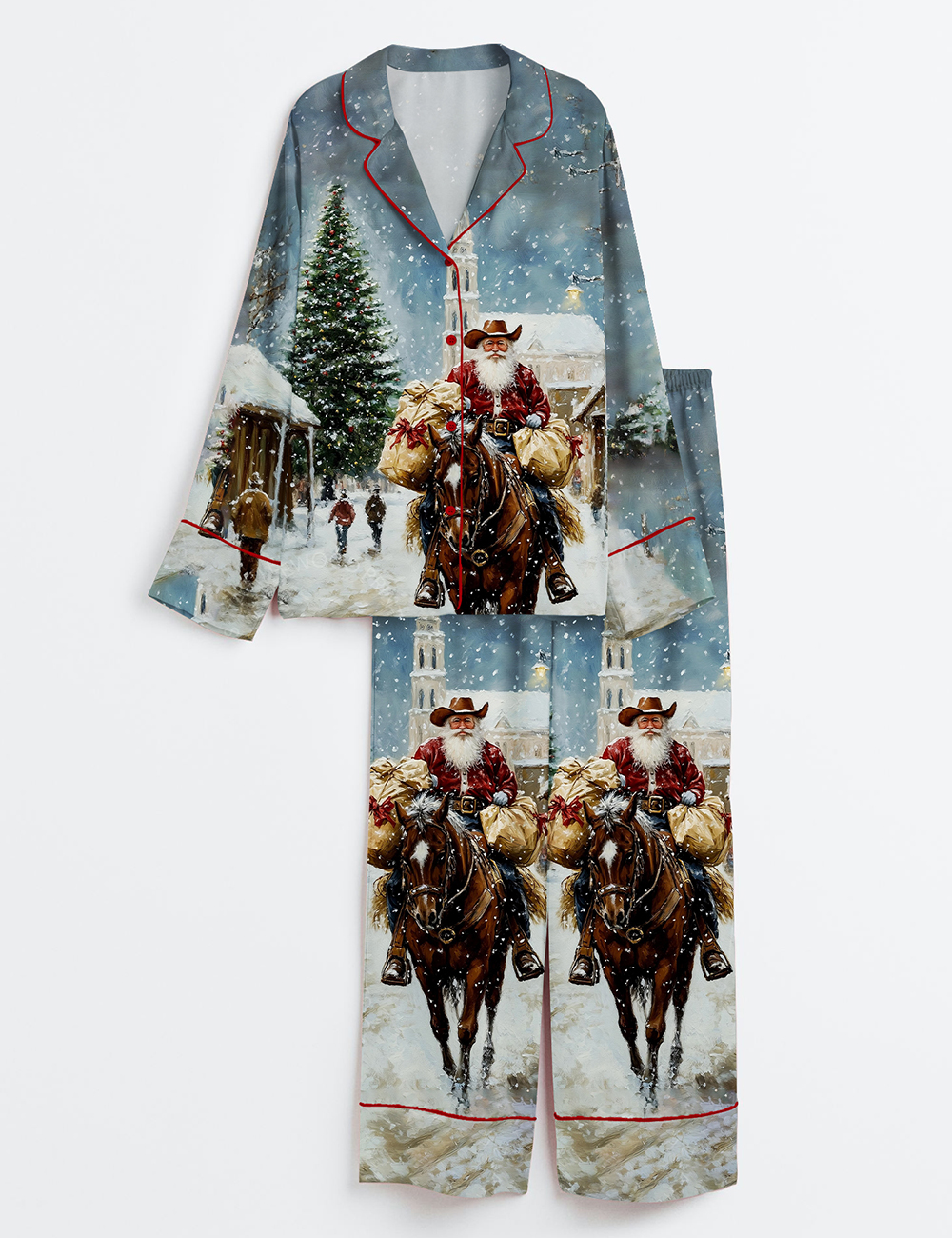 Women's Vintage Cowboy Santa Rustic Western Christmas Scene Long Sleeve Satin Pajama Set