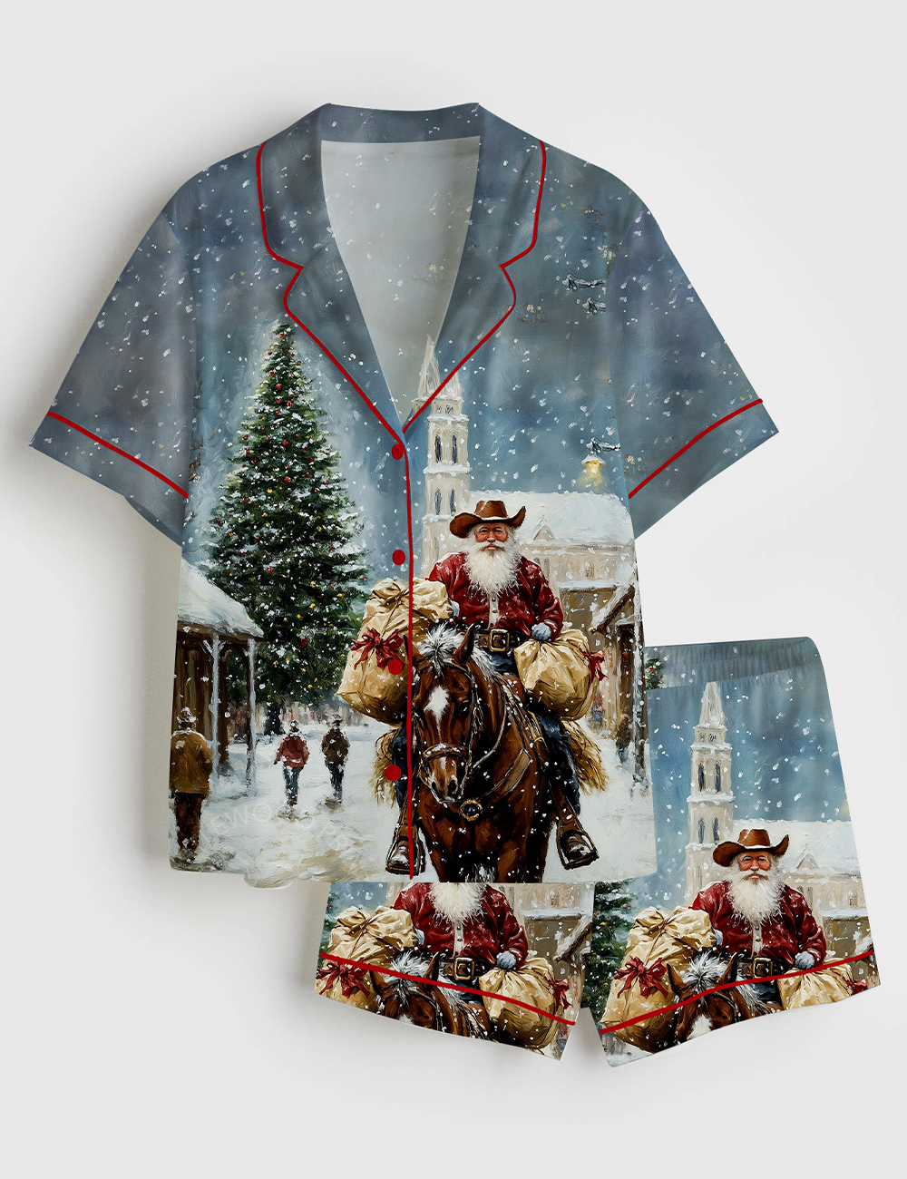 Women's Vintage Cowboy Santa Rustic Western Christmas Scene Short Sleeve Satin Pajama Set