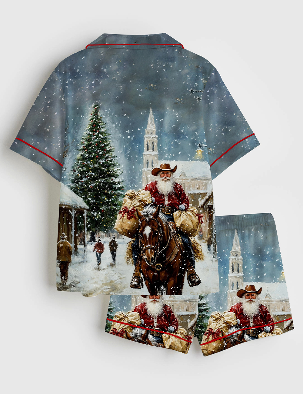 Alternative view of Women's Vintage Cowboy Santa Rustic Western Christmas Scene Short Sleeve Satin Pajama Set